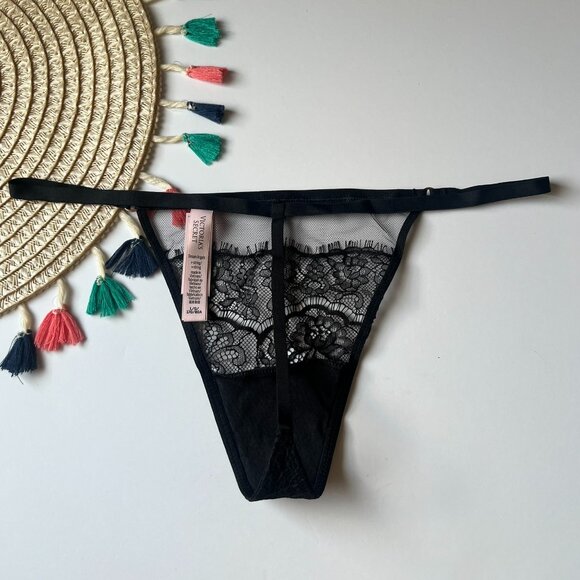 Victoria's Secret Dream Angels Mesh and Lace V-String Panty Black Large NEW - Picture 3 of 7